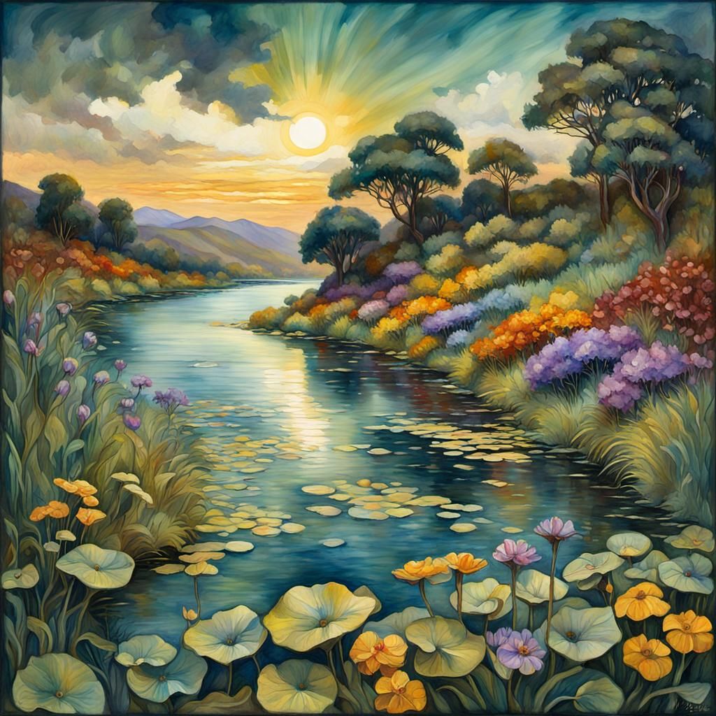 Impressionist Gouache Painting in Tiffany Style