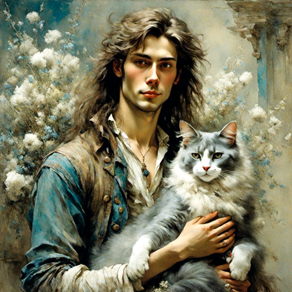 Young Man Holding a Fluffy Gray Cat