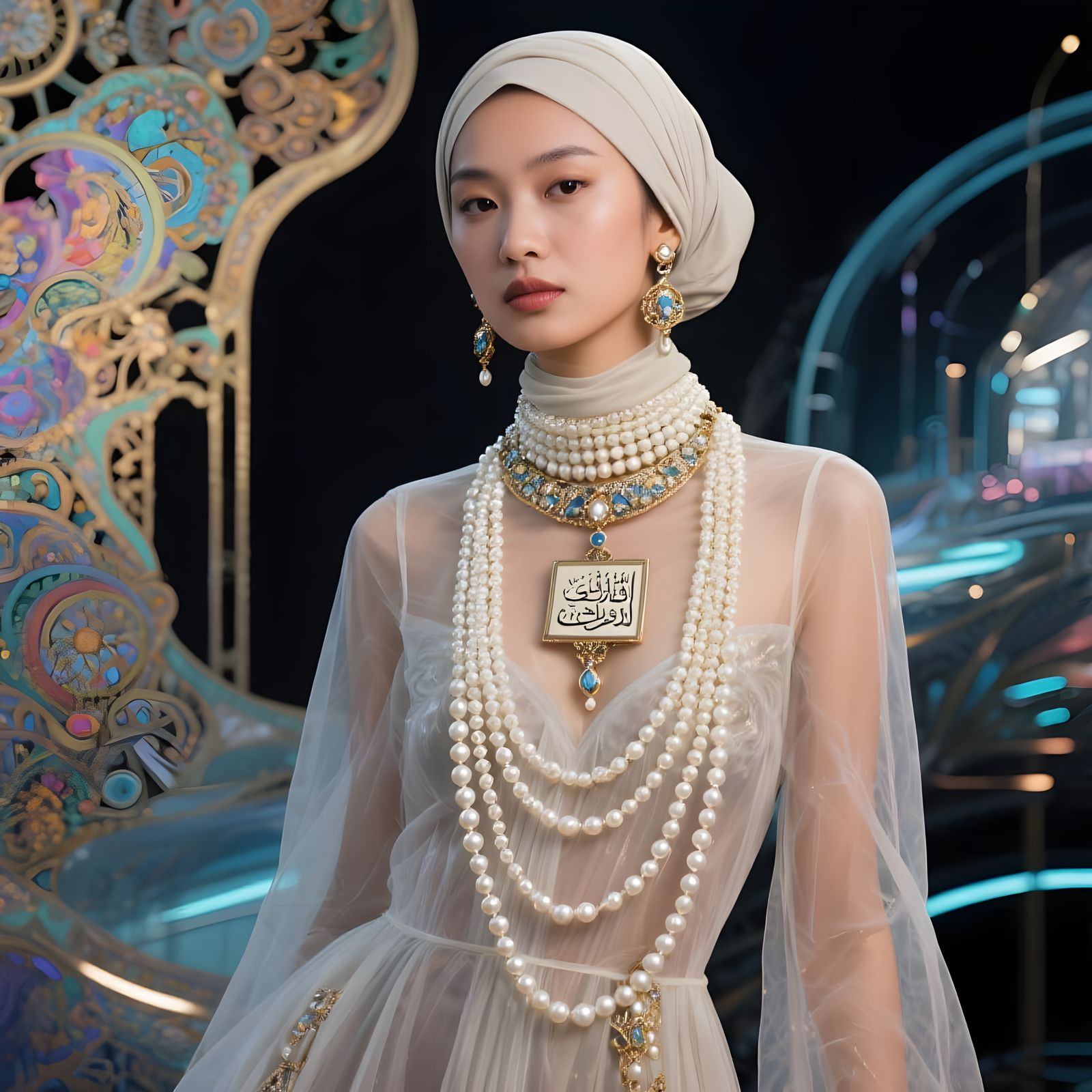 Asian Woman with Pearl Jewelry, Mucha Style
