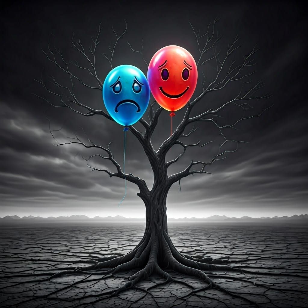 Vibrant Balloons Hang from a Haunting, Black and White Tree ...