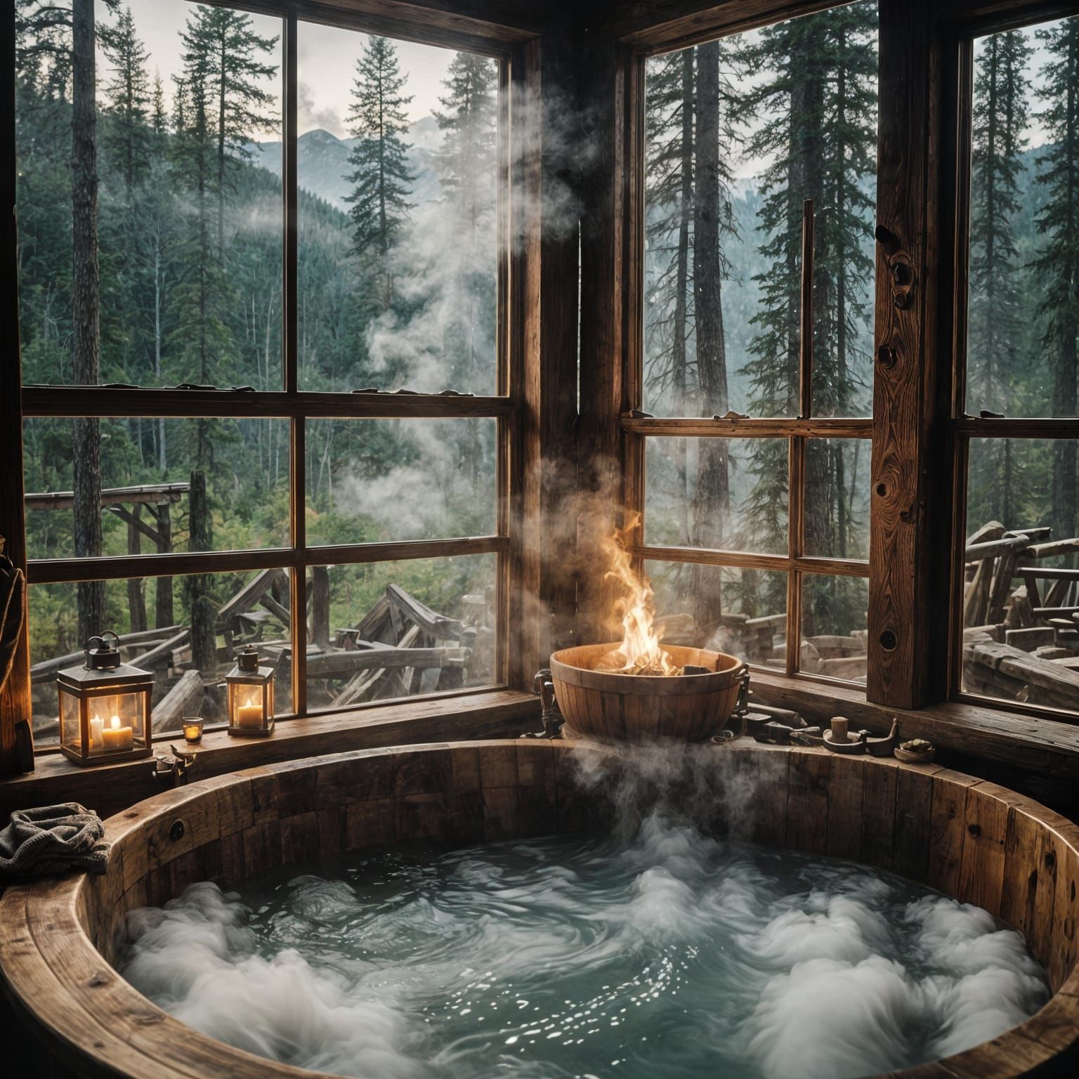 Cozy Mountain Cabin: Steaming Tub in Candlelight