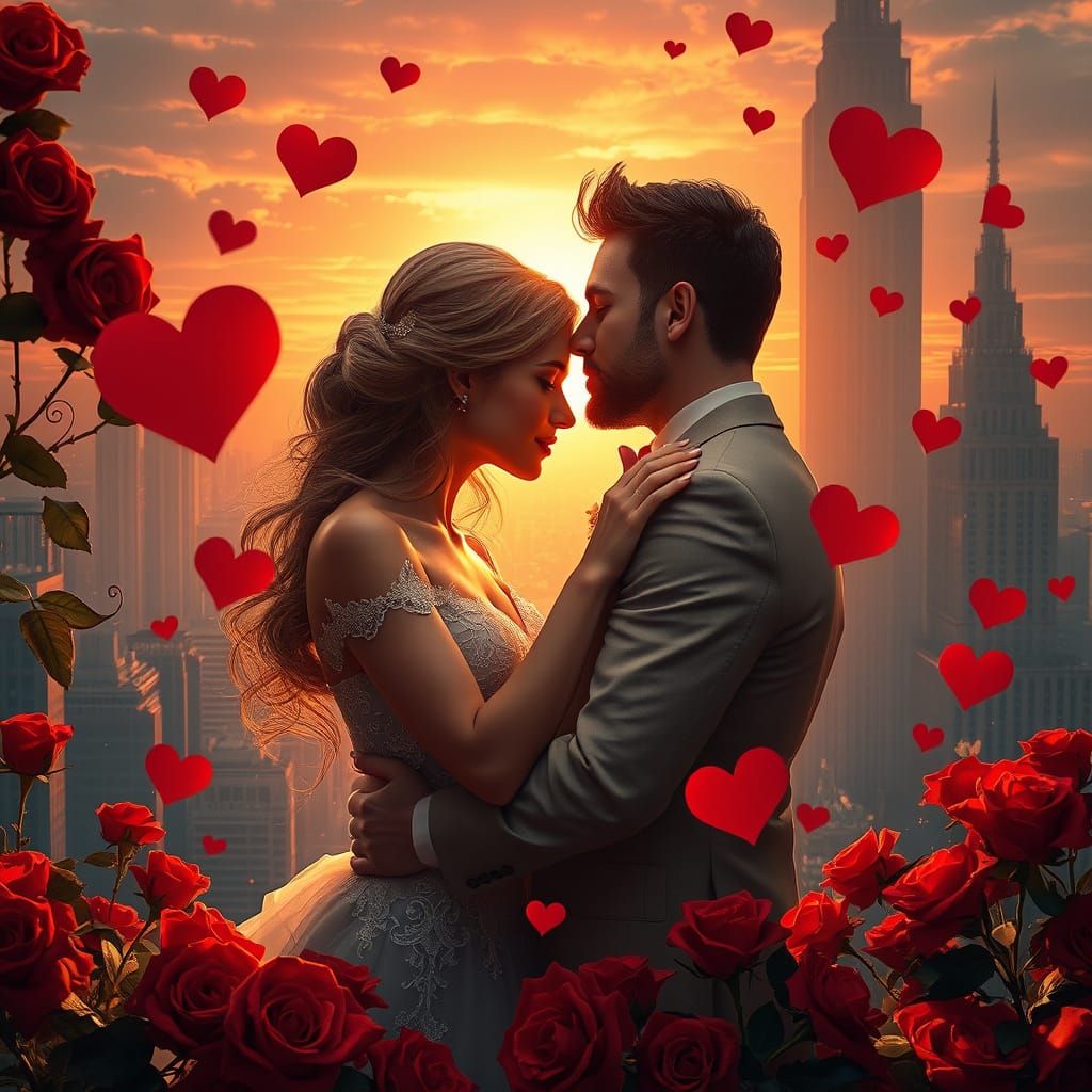 Epic Romantic Couple in Golden Light with Red Roses and City...