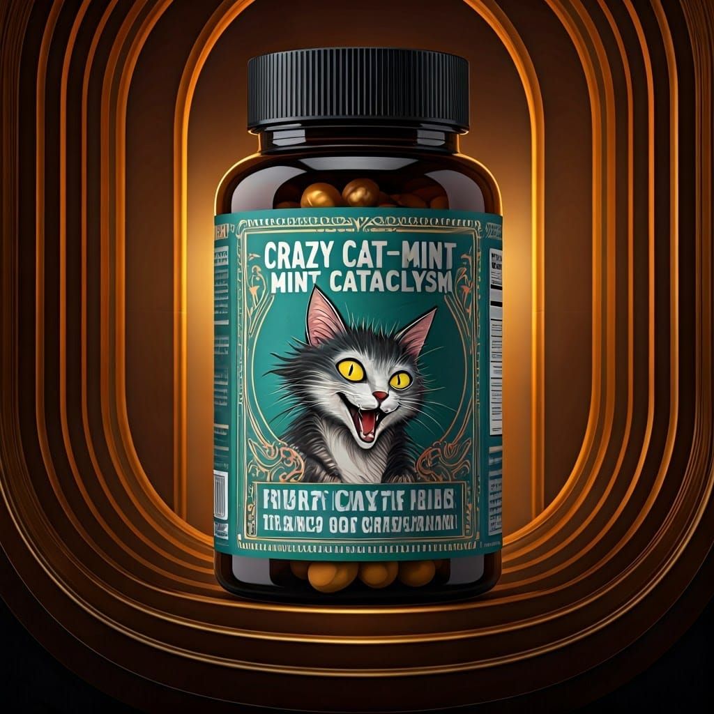 Crazy Cat-Mint Cataclysm Vitamin Bottle, Art Deco Style