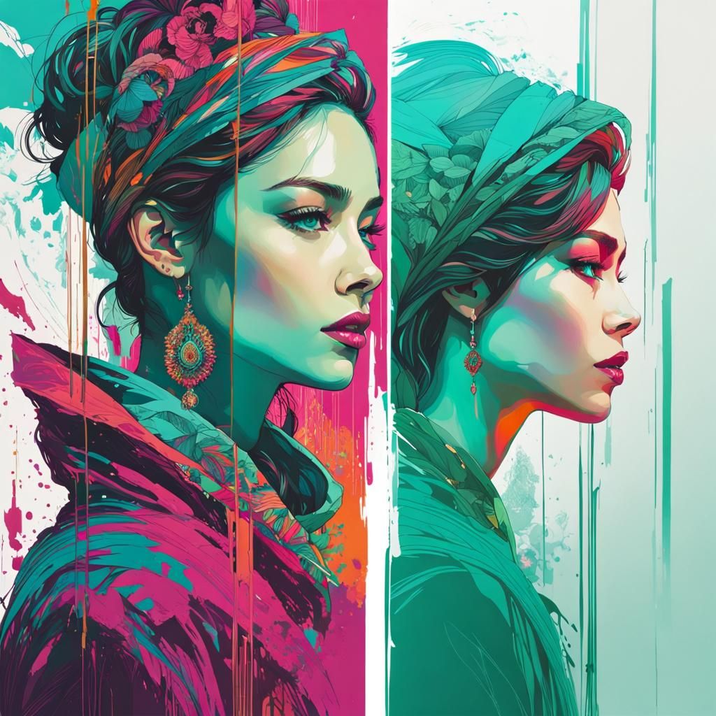 Woman Gazing in Mirror with Carne Griffiths Style