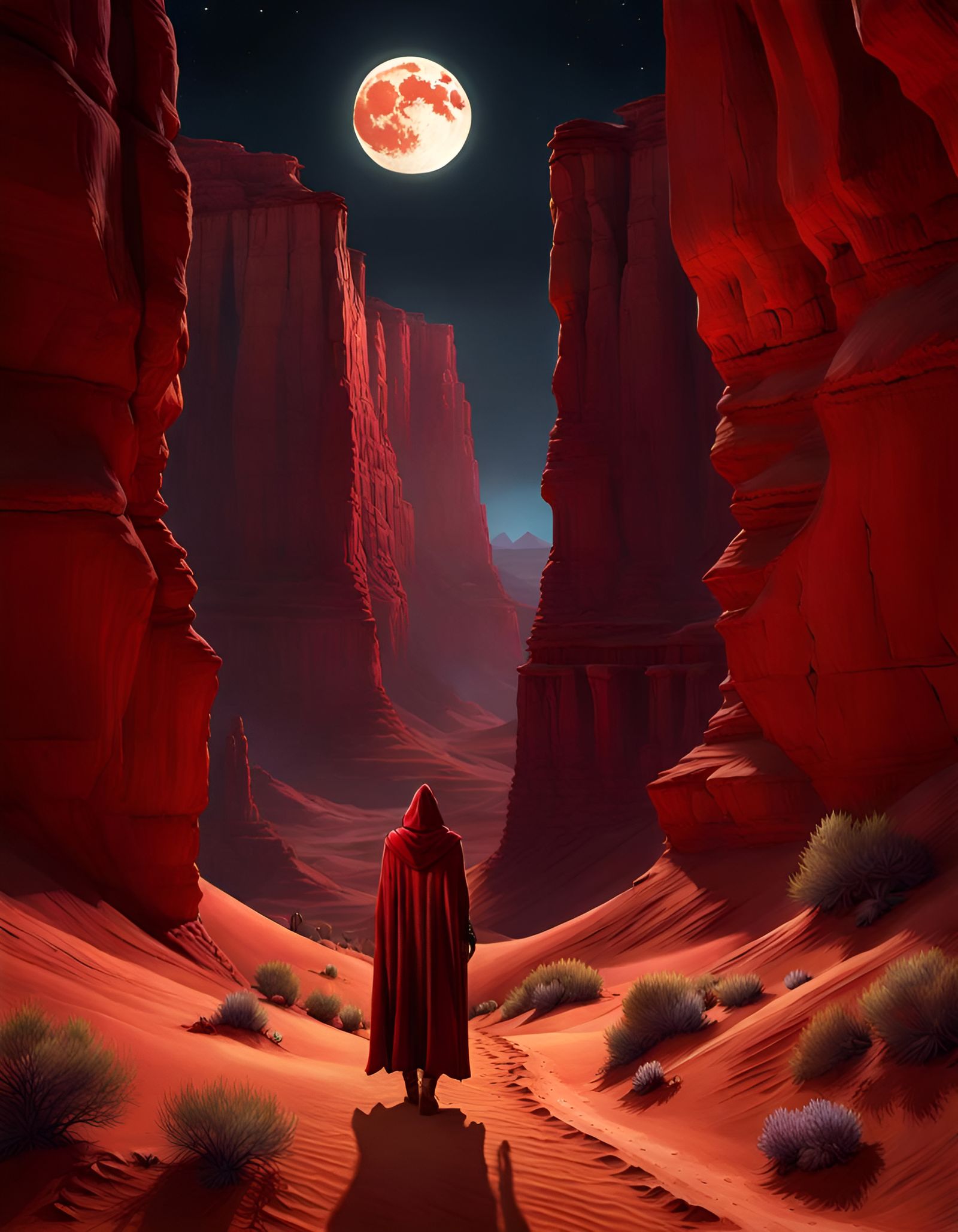 Red Canyon Wanderer in the Night: Digital Illustration