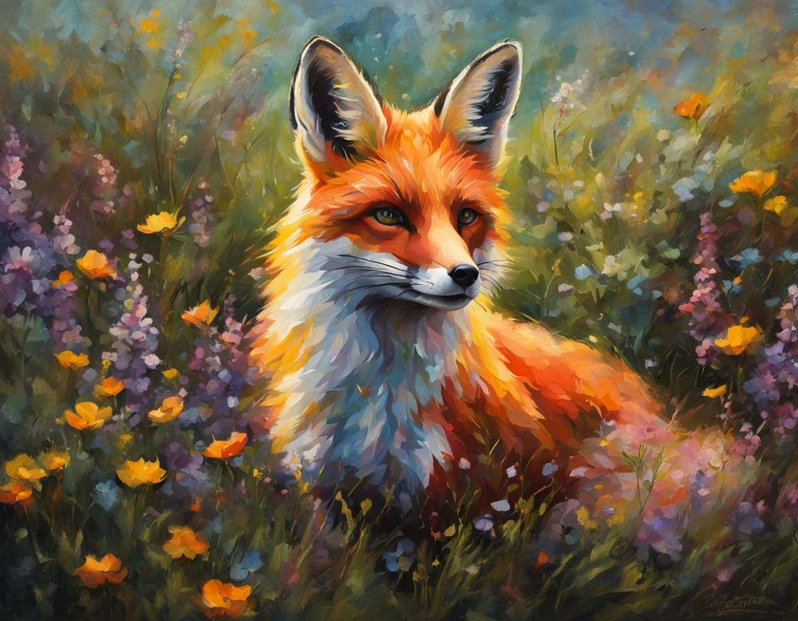 Impressionist Fox in Vibrant Wildflower Field