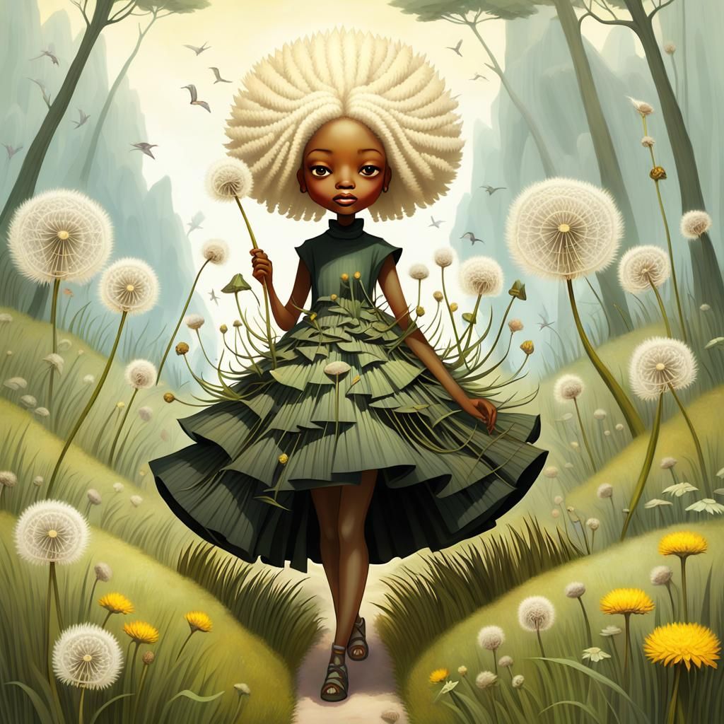 Miniature Girl's Surreal Garden Adventure Art