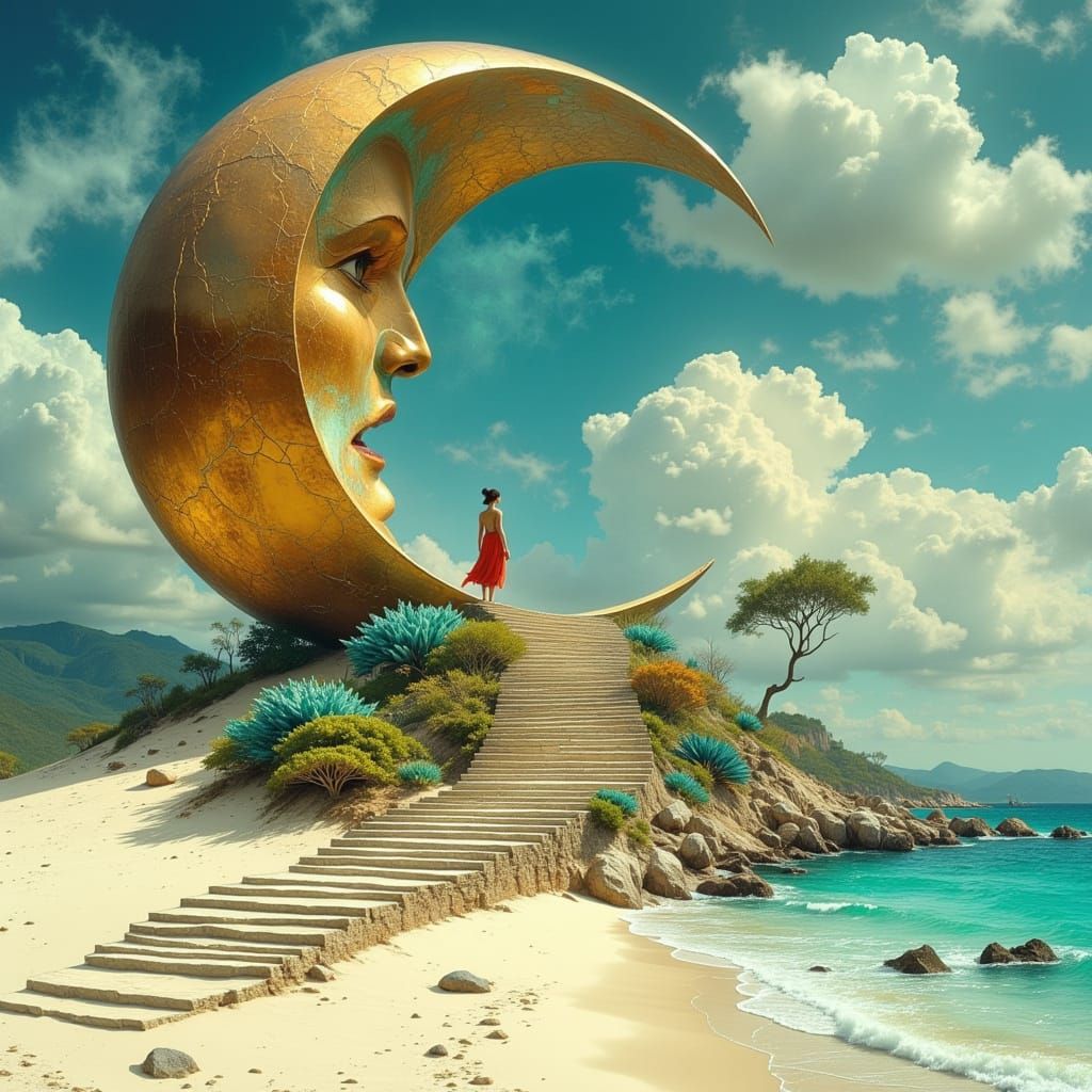 Bronze Moon on White Sand Beach, Futuristic Art