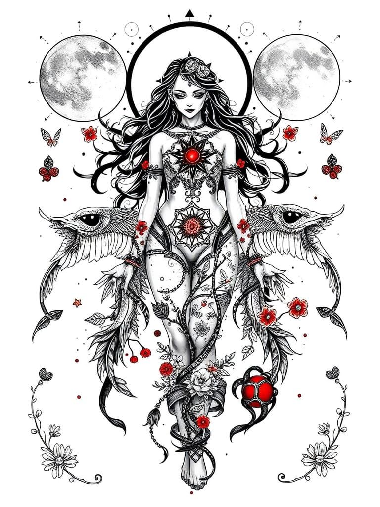 Mystical Mindscape Tattoo Sheet in Traditional Style