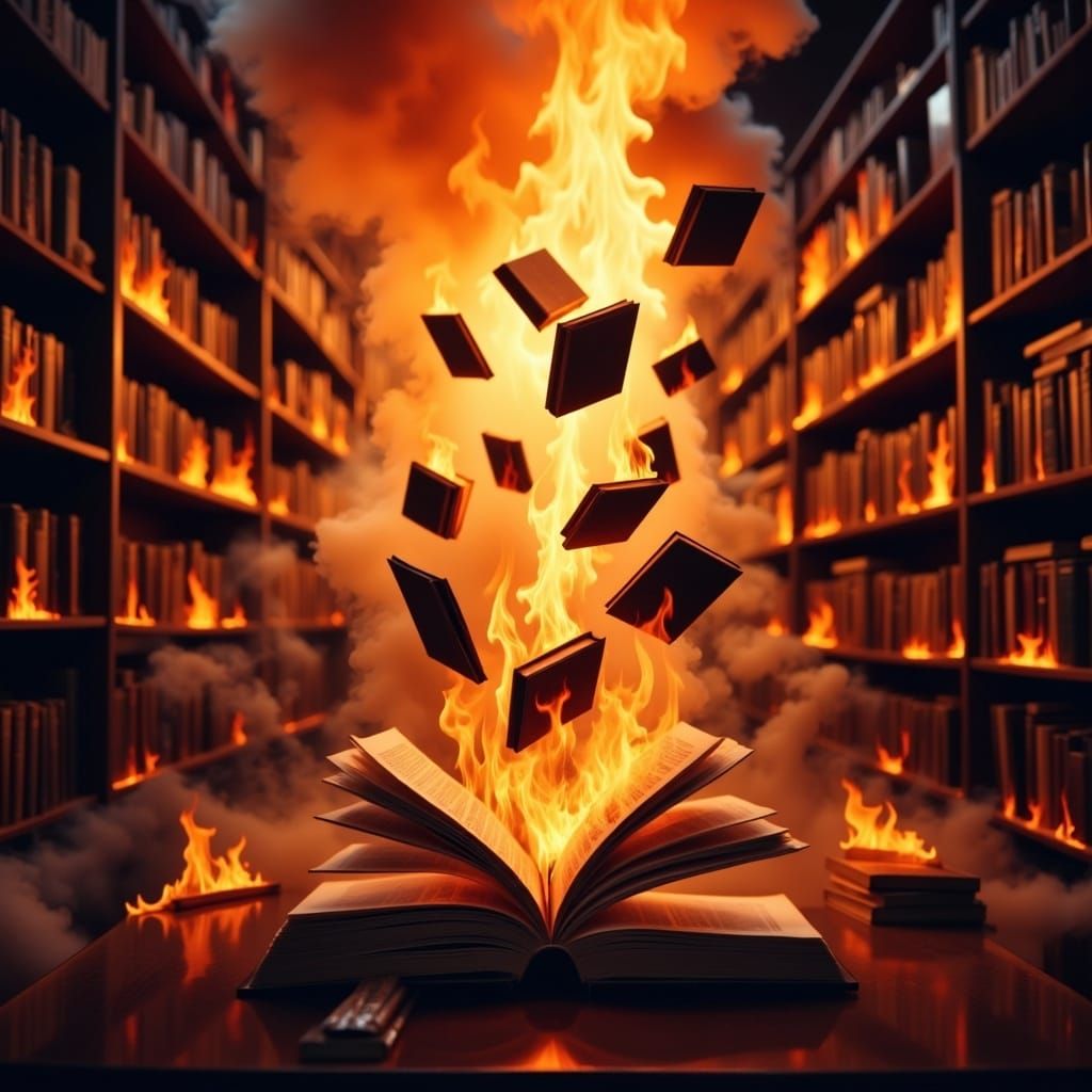 Library Ablaze: Books Bursting into Flames