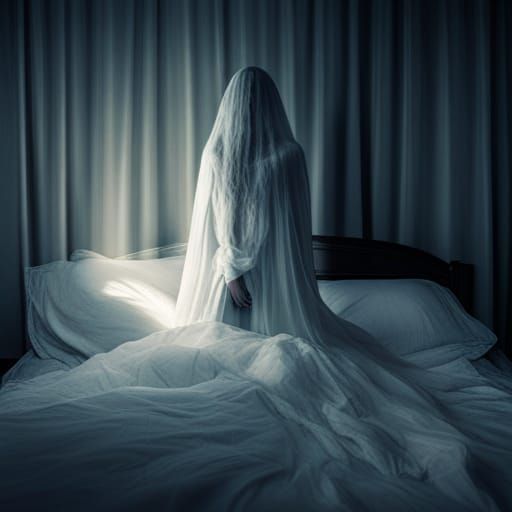 Ghostly Figure Over Bed in Vintage Style