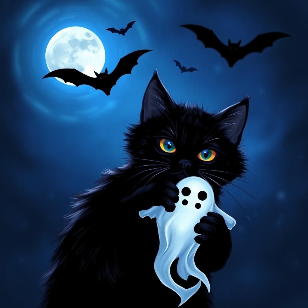 <lora:Bethany Klor:1.0> a black cat holding a ghost ,neon bl...