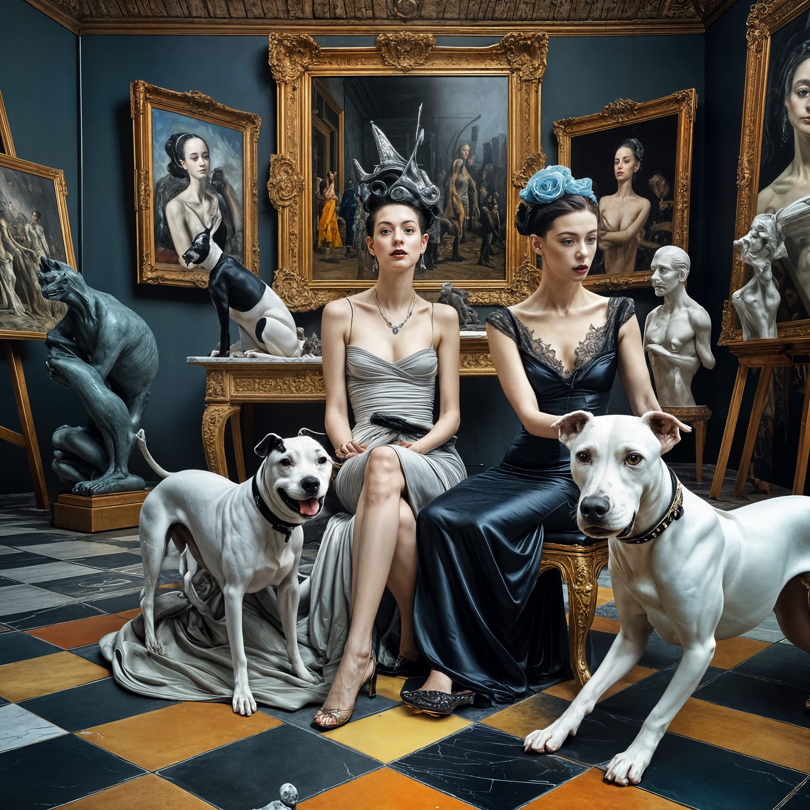 Couples Badinage in Art Museum: Soft Pastel Colors