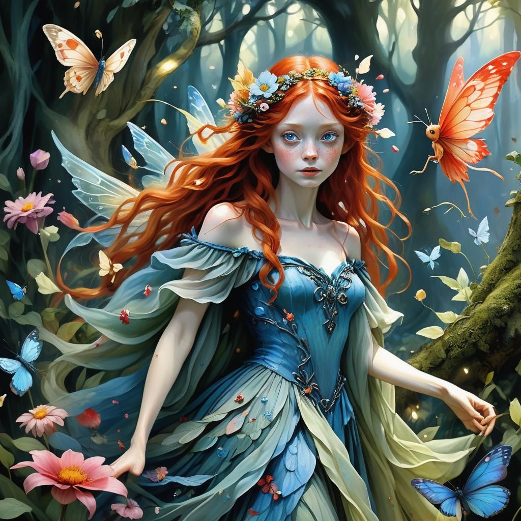 Red-Headed Fairy in Lush Forest, Fantasy Art