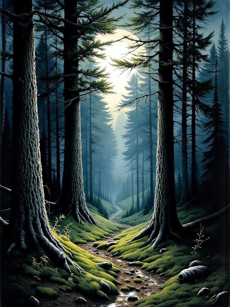 Mystical Forest at Night in Romantic Style
