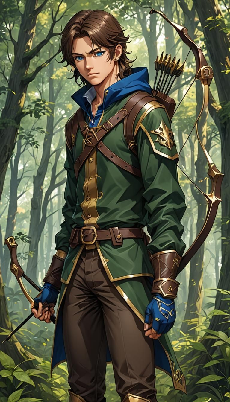 Anime Forest Ranger with Bow in Forest