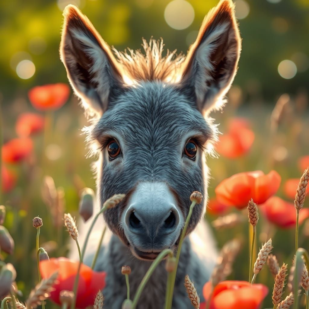 Adorable Donkey Portrait in Poppy Field