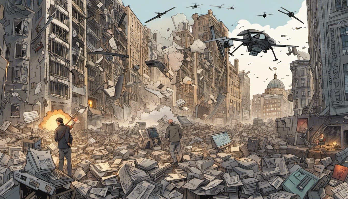 Dystopian Political Cartoon: Moscow Financial District Drone...