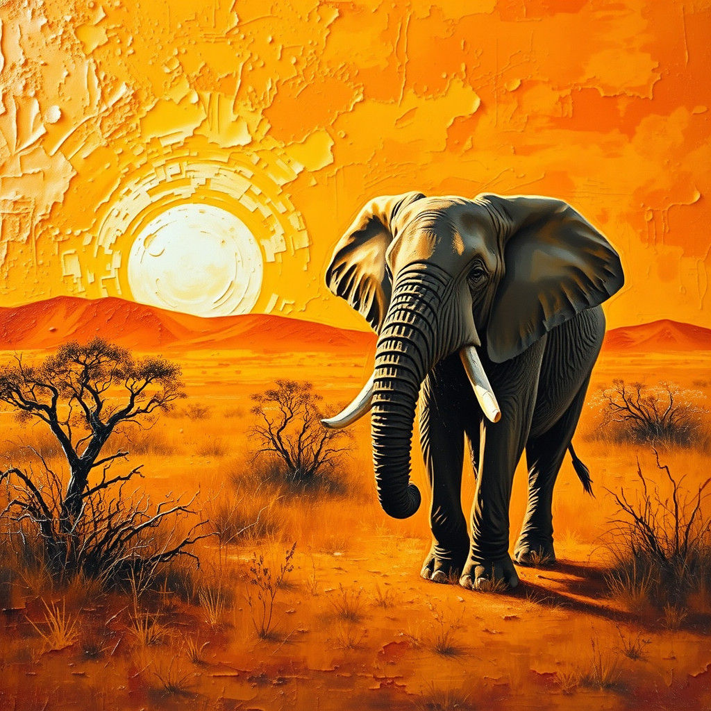 Elephant in Sun-Kissed Savannah, Impasto Painting