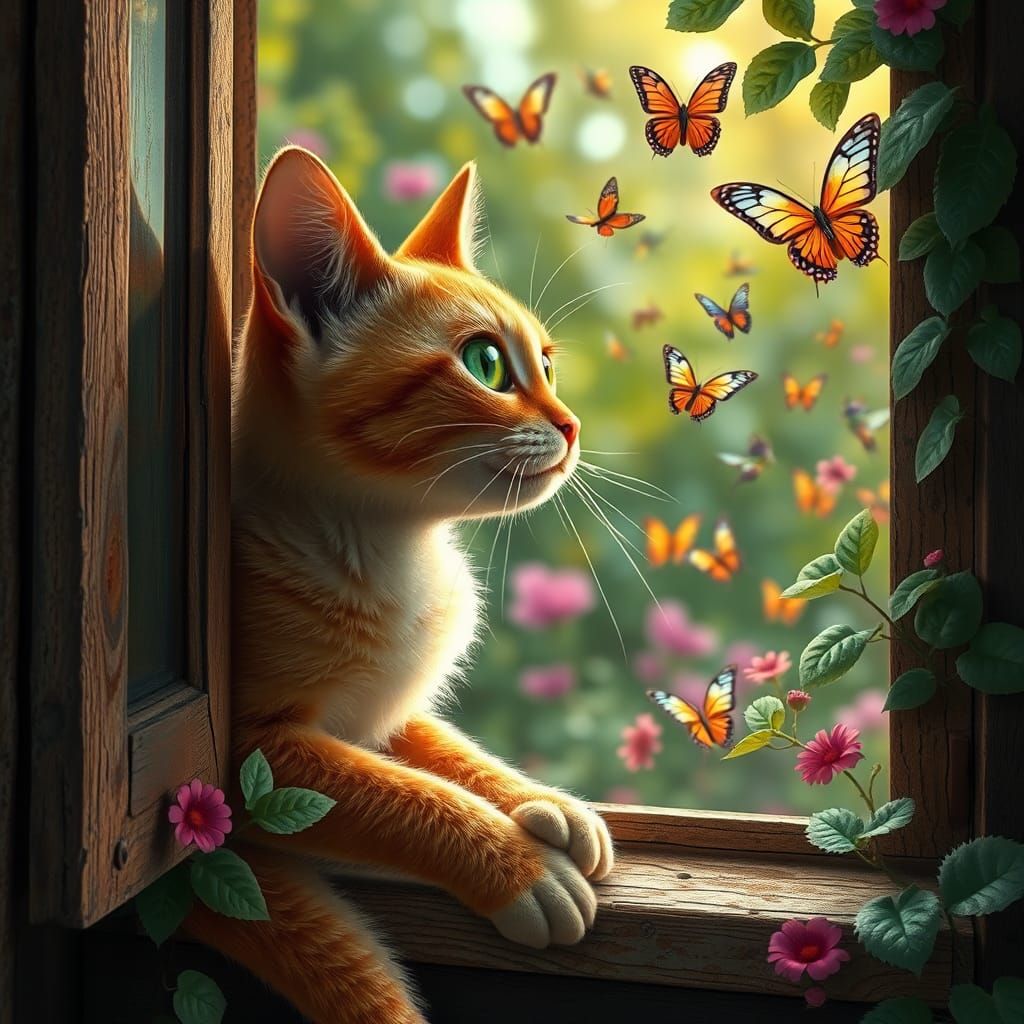 Ginger Cat Gazing at Butterflies, Pixar-style Fantasy