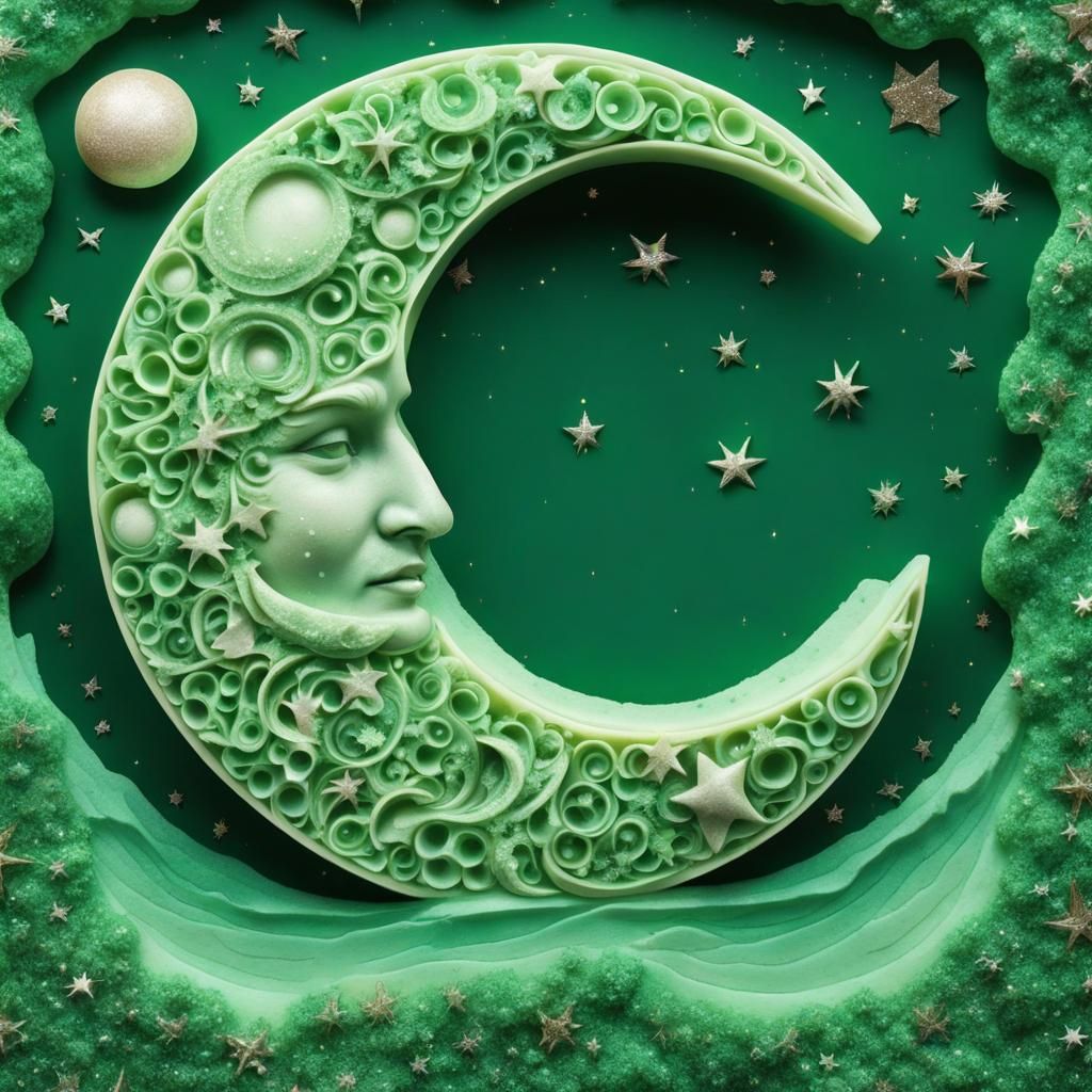 Intricate Green Cheese Moon in Starry Ocean
