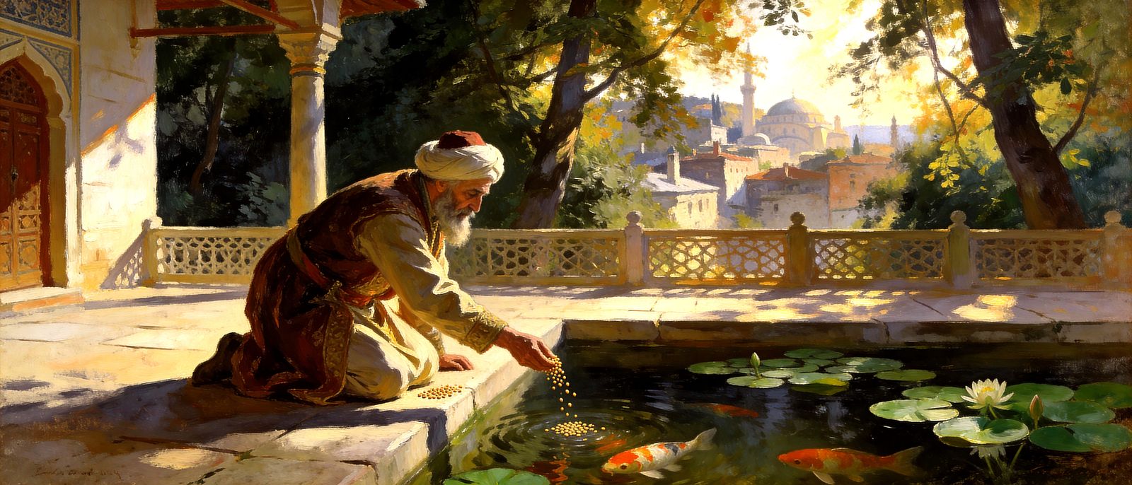 Ottoman Sultan Feeds Koi Fish on Terrace in Morning Light