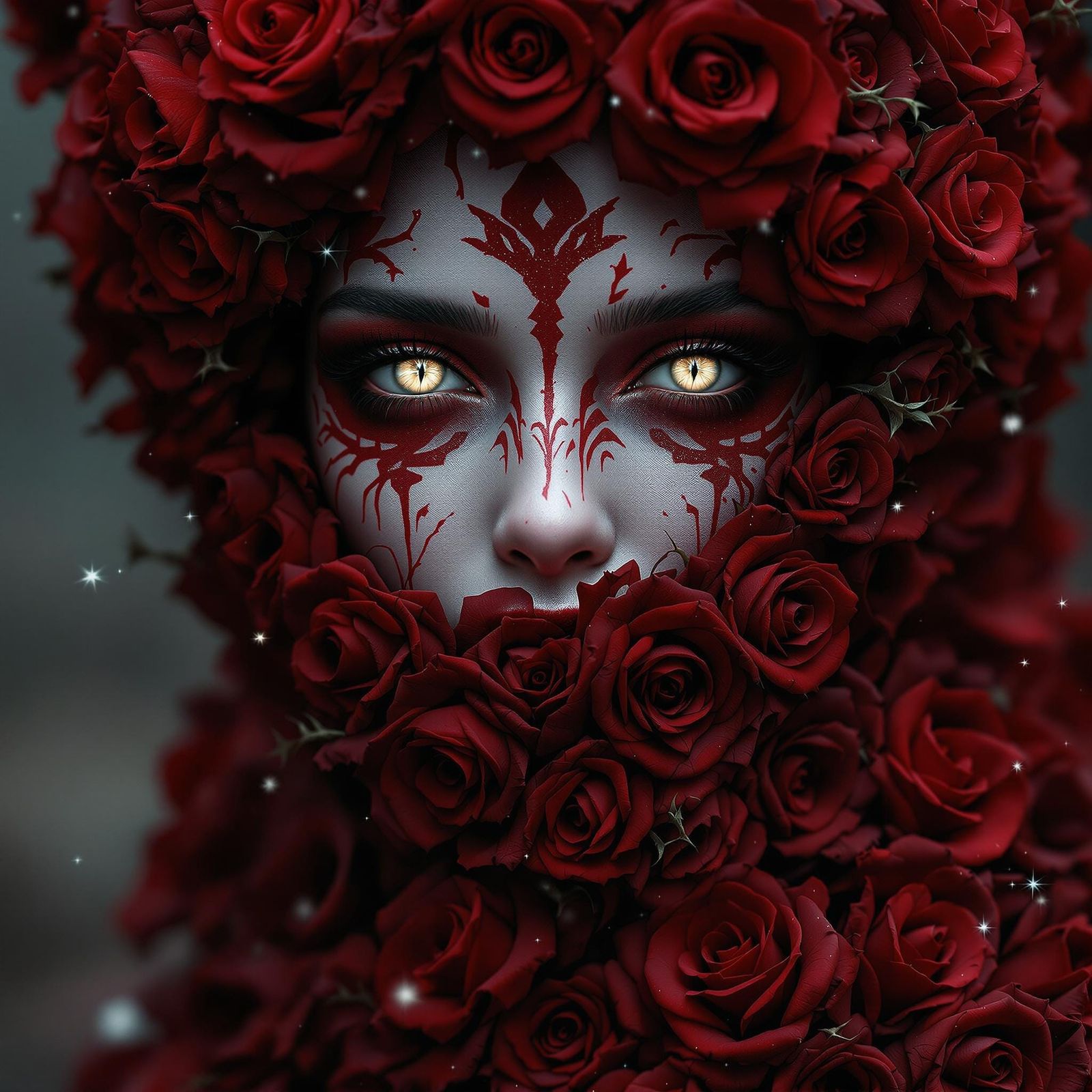 Ethereal Woman with Red Roses and Tribal Body Paint