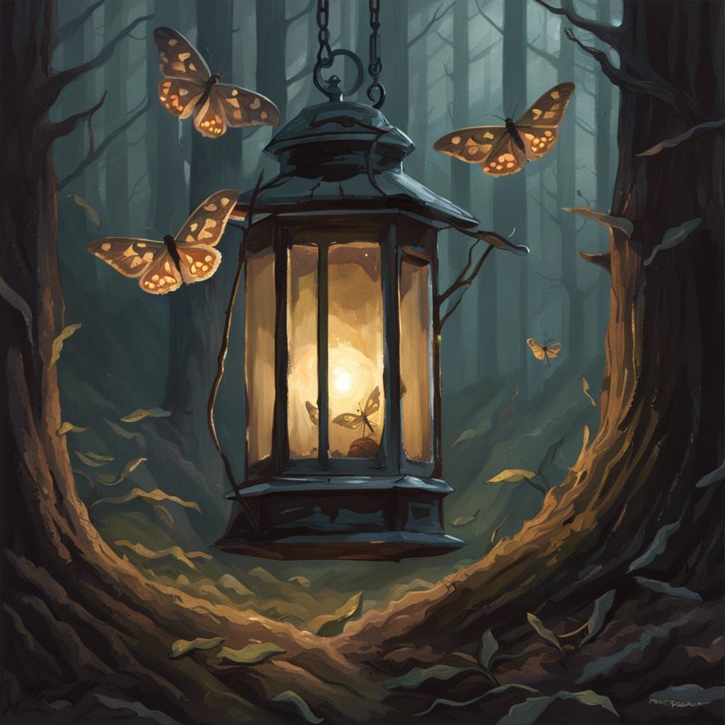 Sinister Moths Dance Around Lantern in Dark Woods