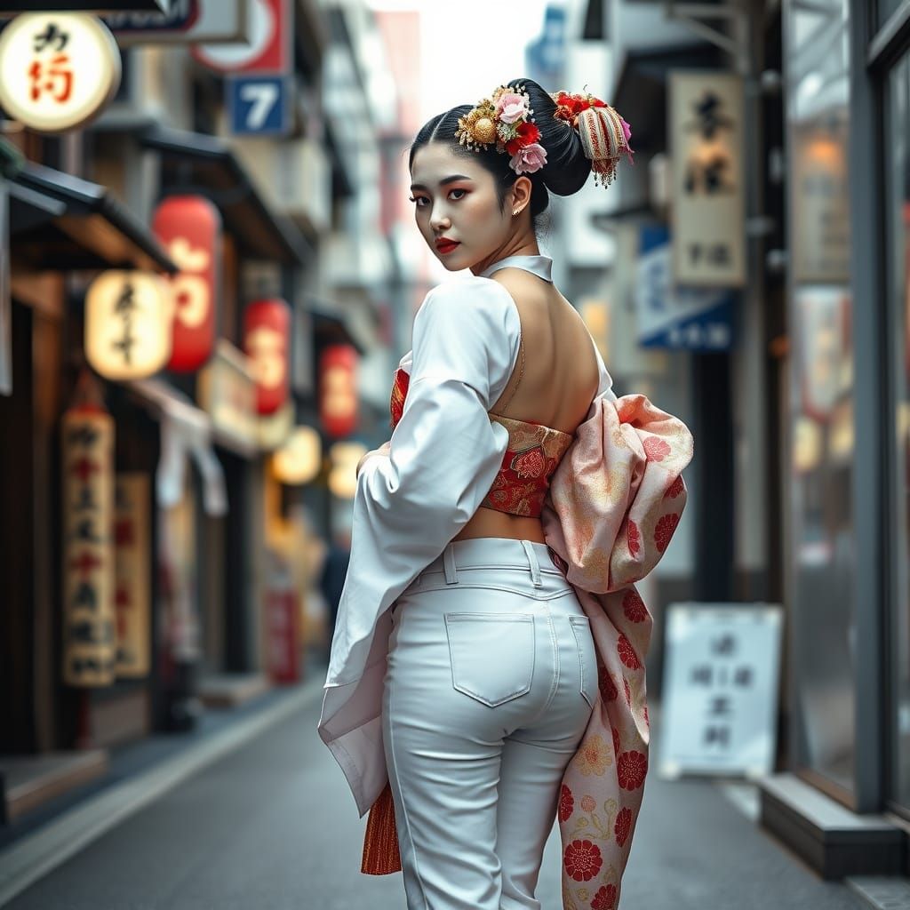 Geisha in Jeans: Hyperrealistic Tokyo Street Scene