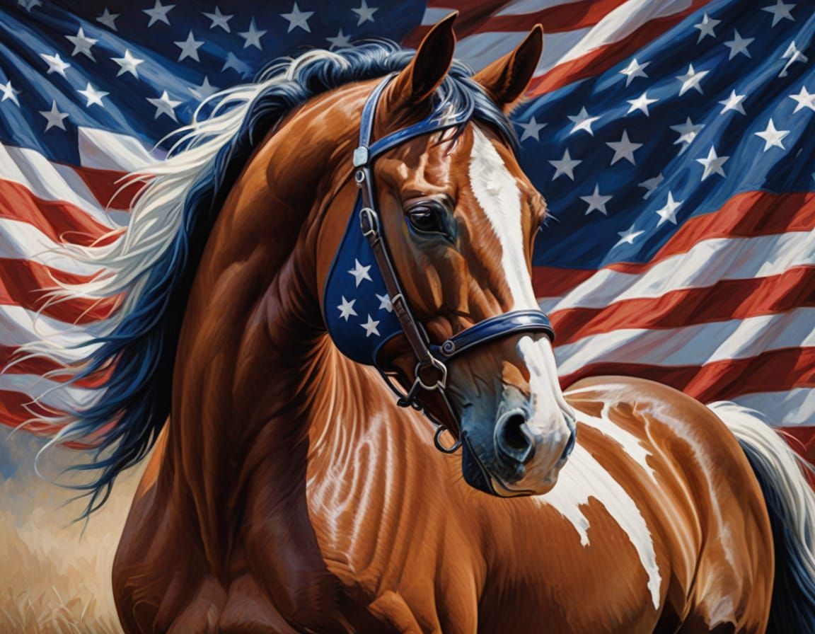 Patriotic Equine Portrait in Vibrant Oil Painting
