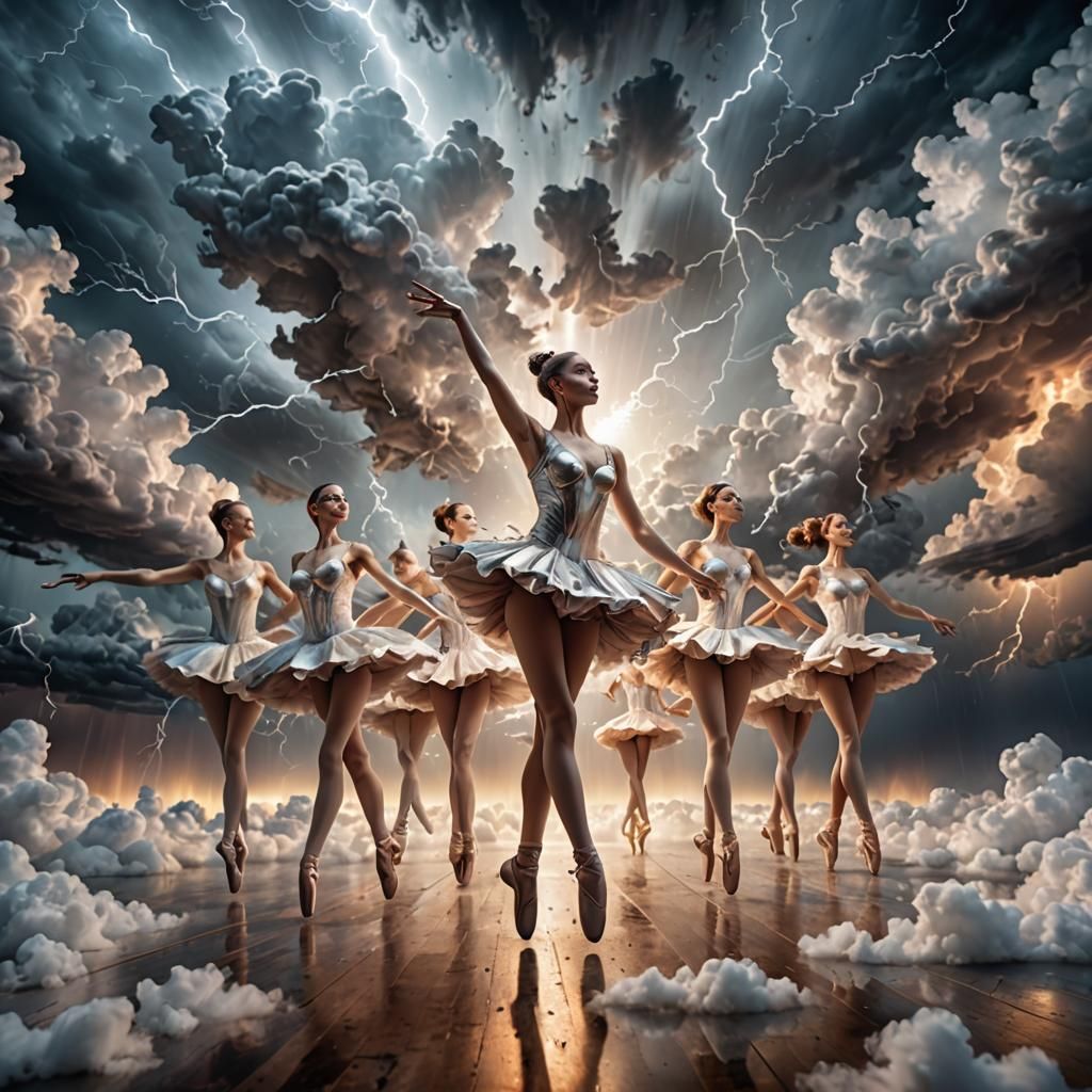 Chaotic Lightning Ballet Over Cloudscape, Digital Photograph...