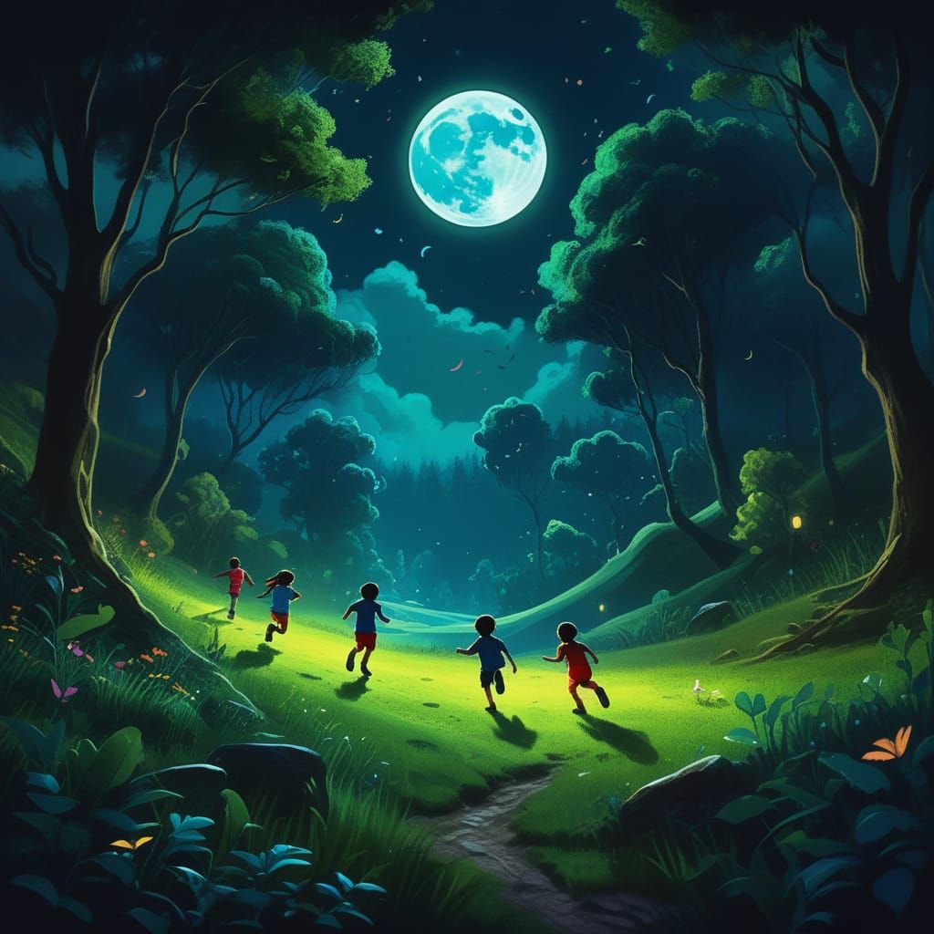 Children Playing in Enchanted Valley Under Mystical Moonligh...