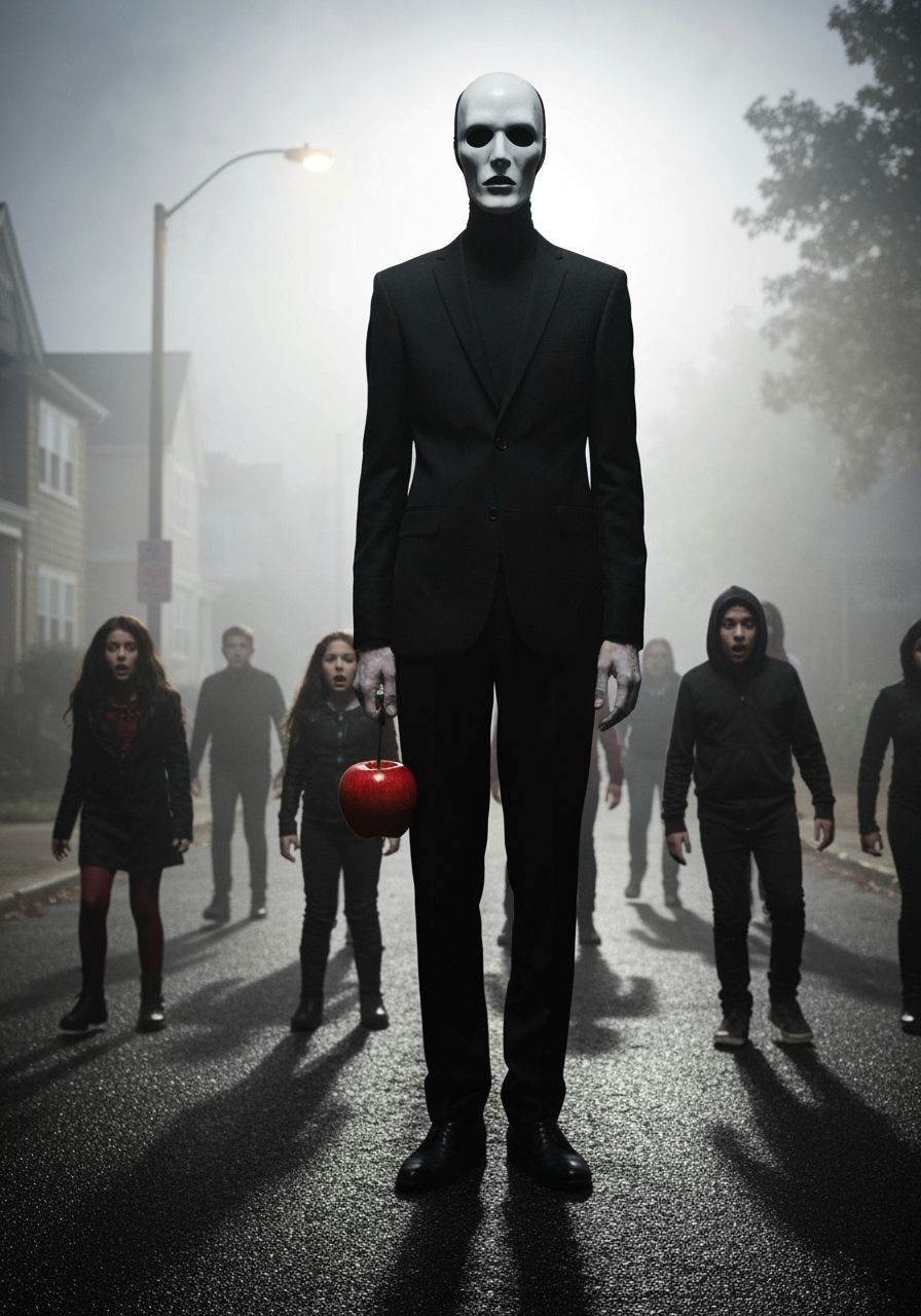 Tall Figure in Mask Holds Candy Apple in Foggy Street