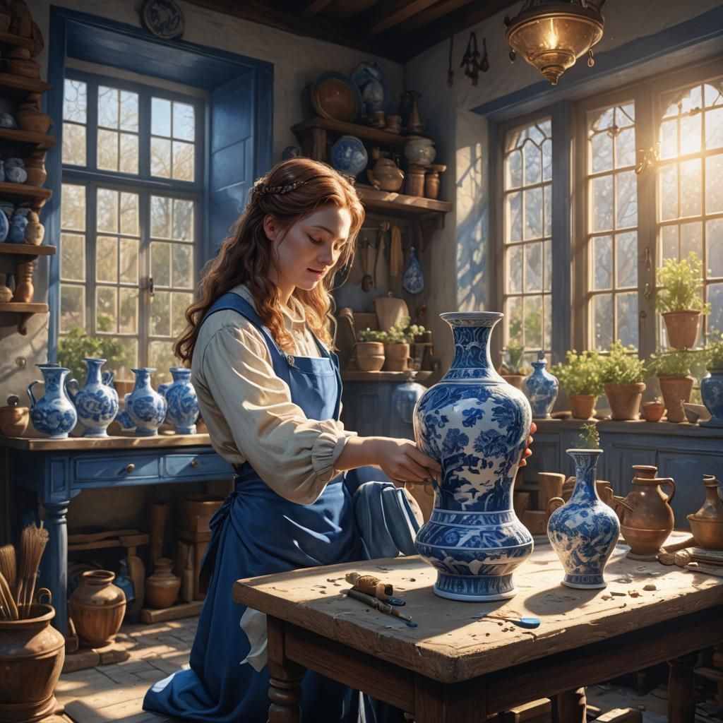 Woman Painting Delft Blue Vase in Workshop