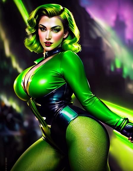 Luminous Green Superheroine in Renaissance Comic Style