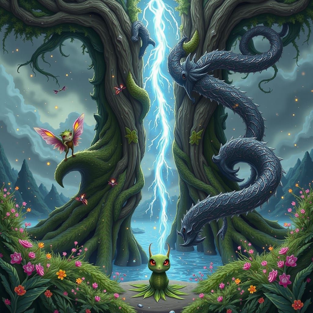 Moss Critter and Serpent Under Lightning Tree