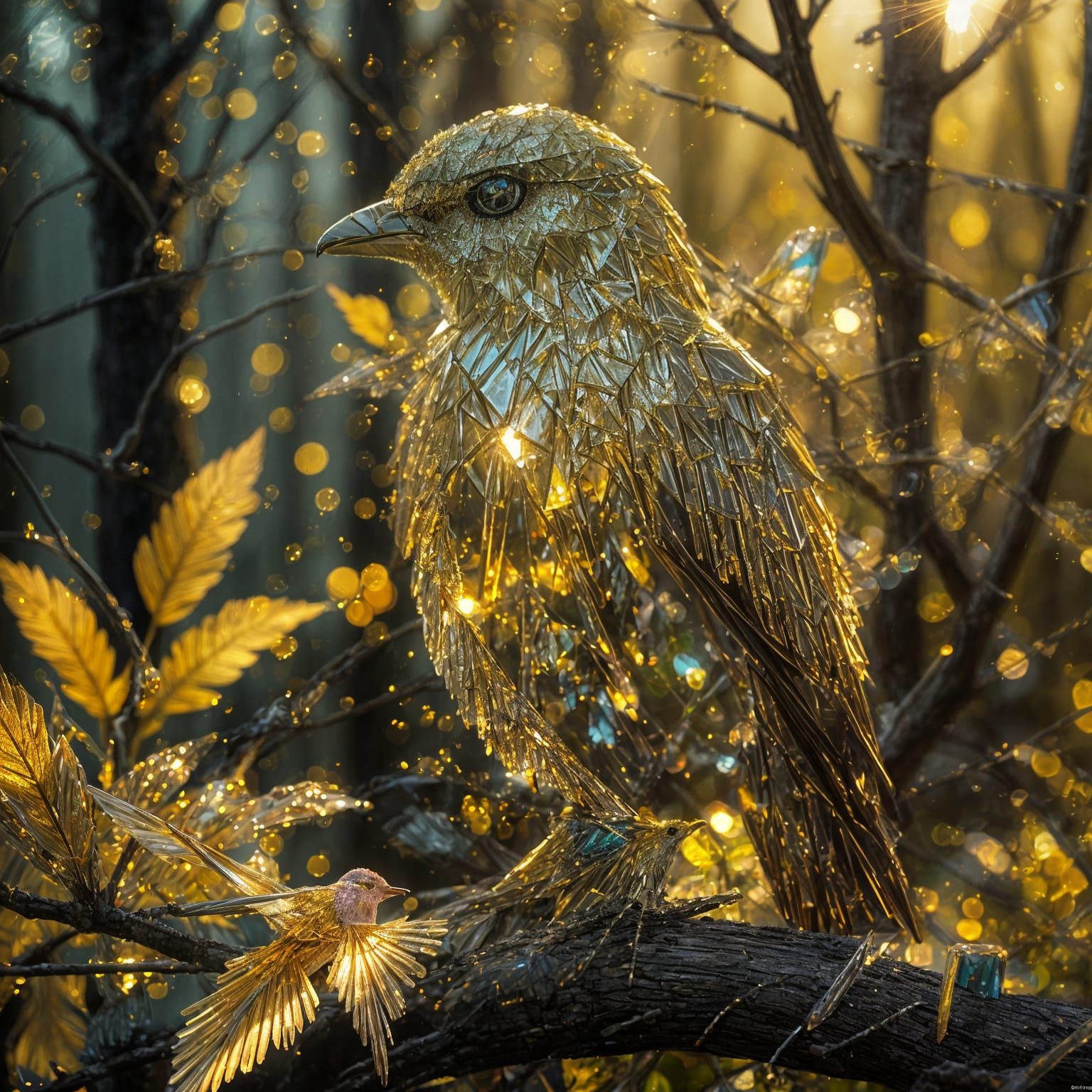 Crystal Bird in Golden Forest: Hyperrealistic Close-Up