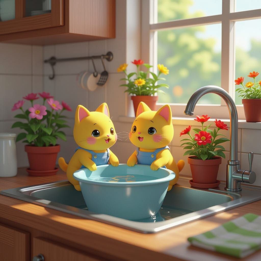 Potted Flowers Washing Dishes in Anime Style