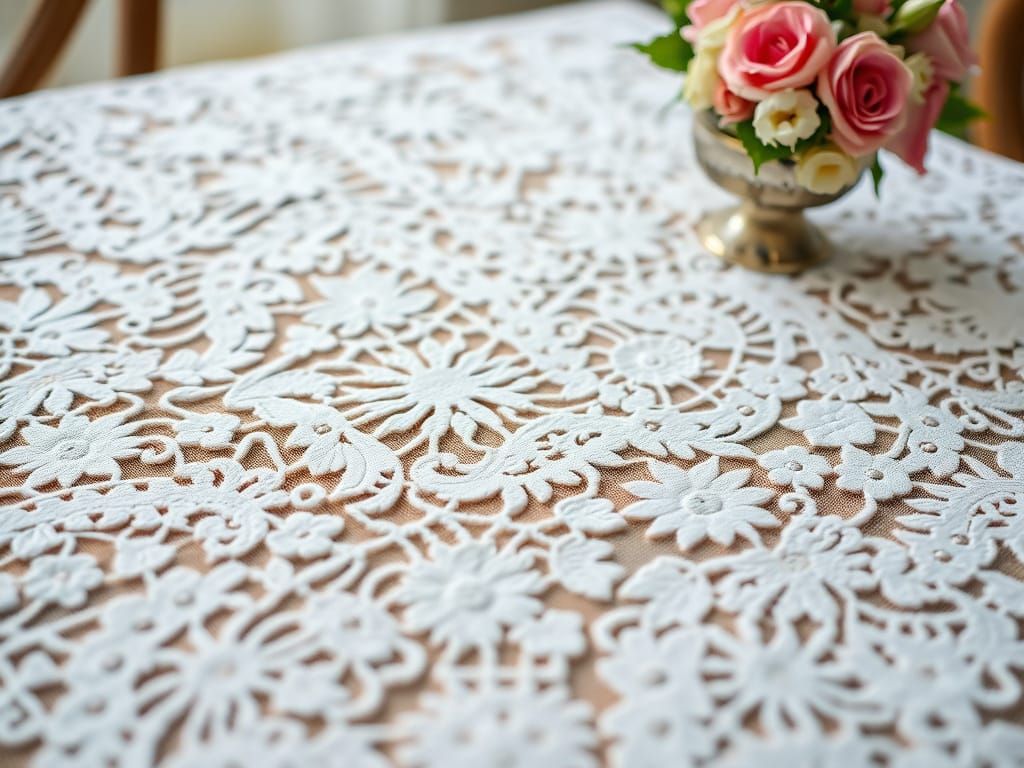 Intricate Battenburg Lace Tablecloth with Ethereal Mist