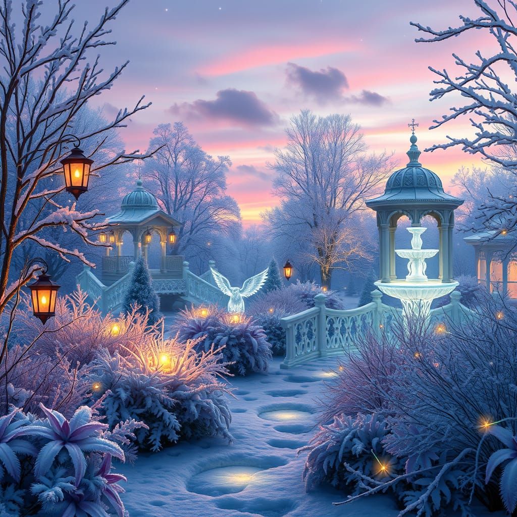 Winter Garden in Surreal Twilight Glow