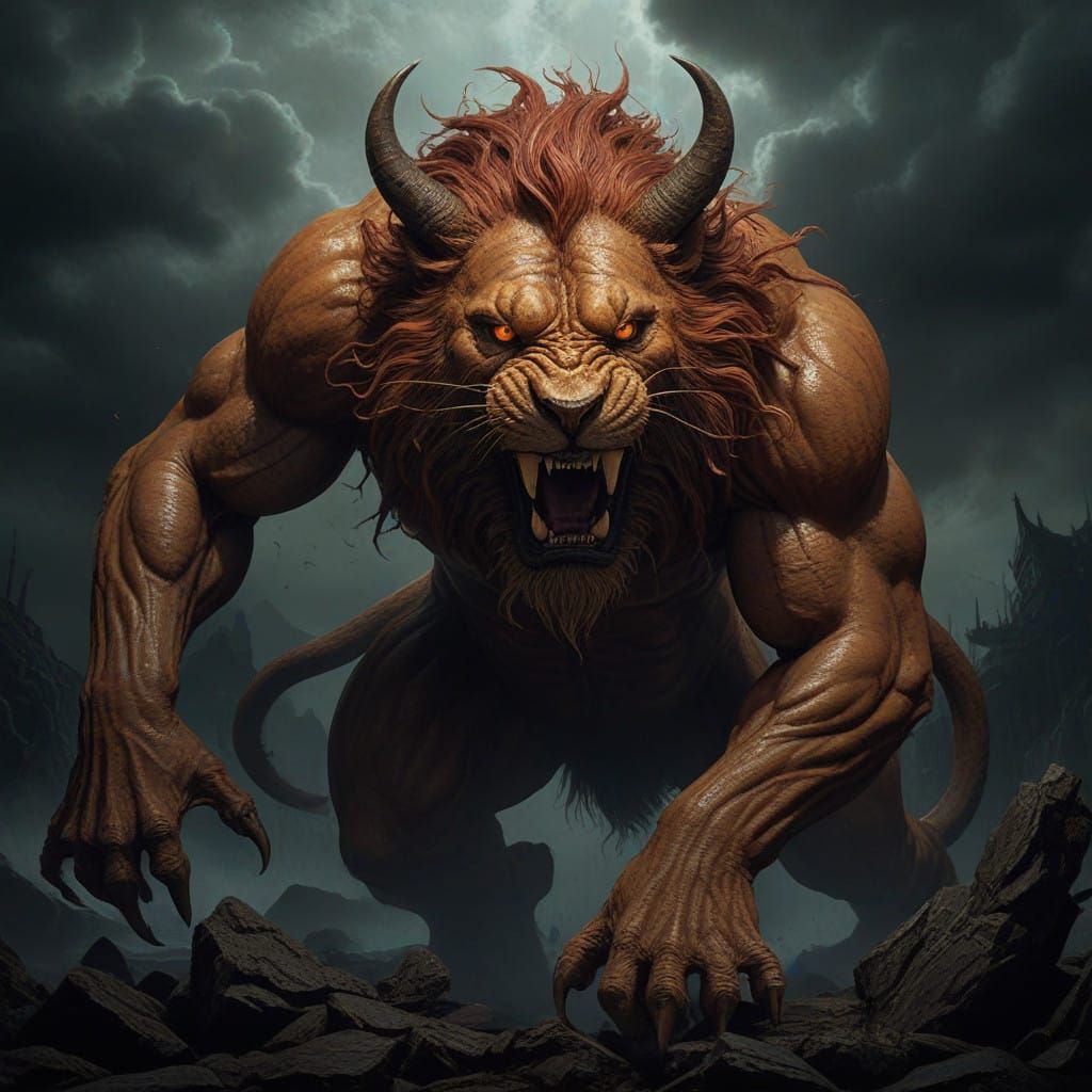 Dark Demon with Golden Lion Body in Stormy Backdrop