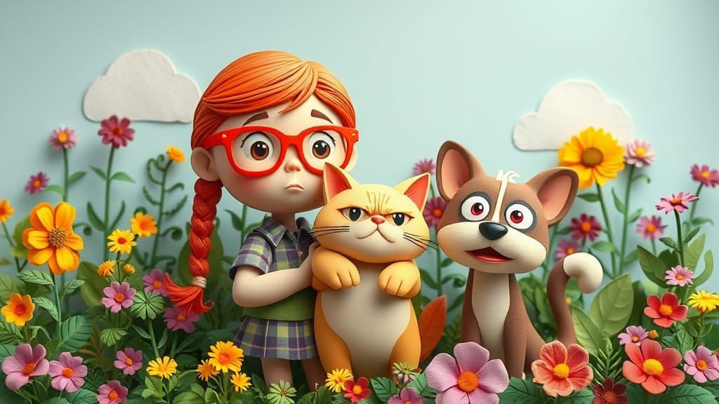 Vibrant Whimsical Garden Scene with Girl, Cat, and Dog