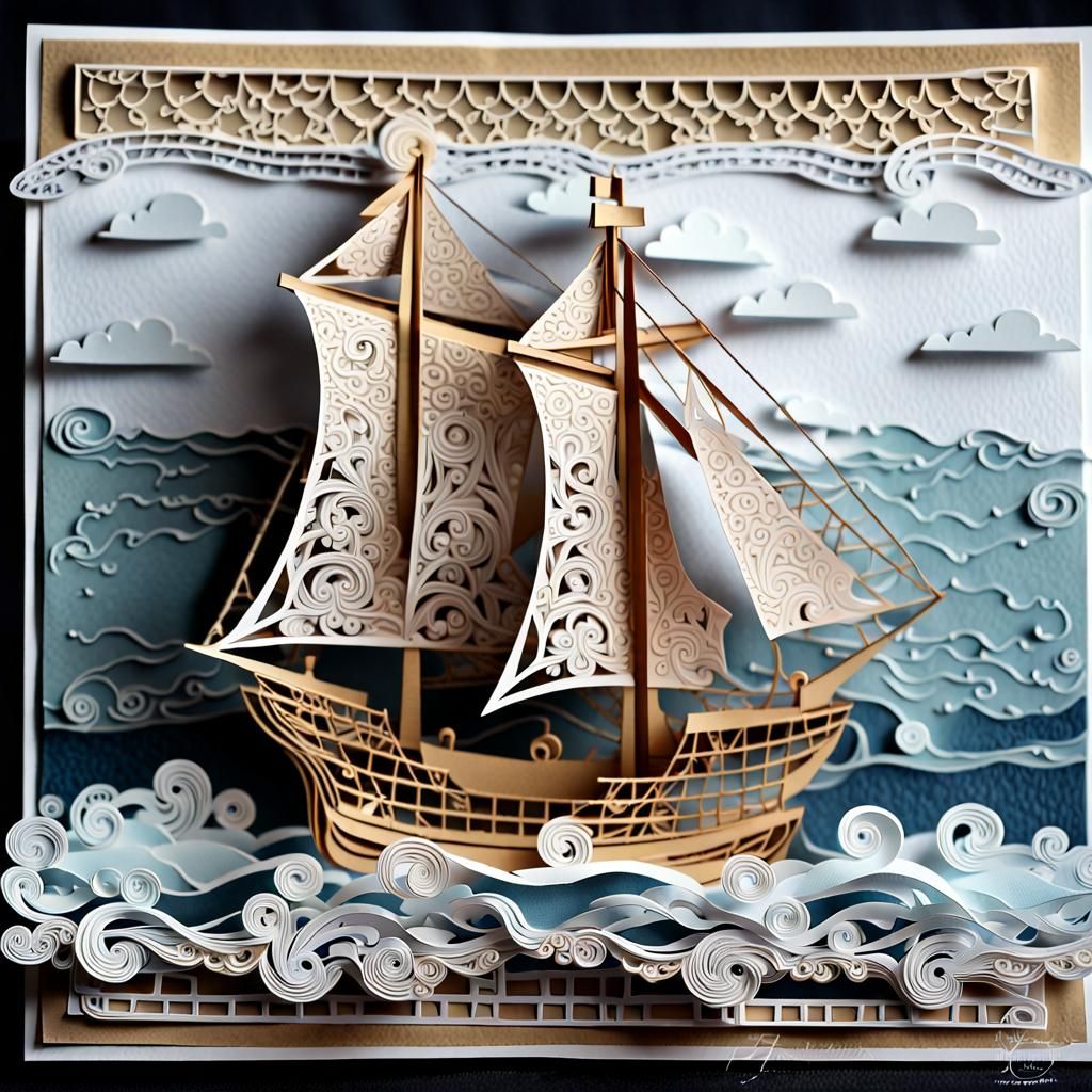 Paper Sailing Ship on Stormy Sea, Papercraft Style