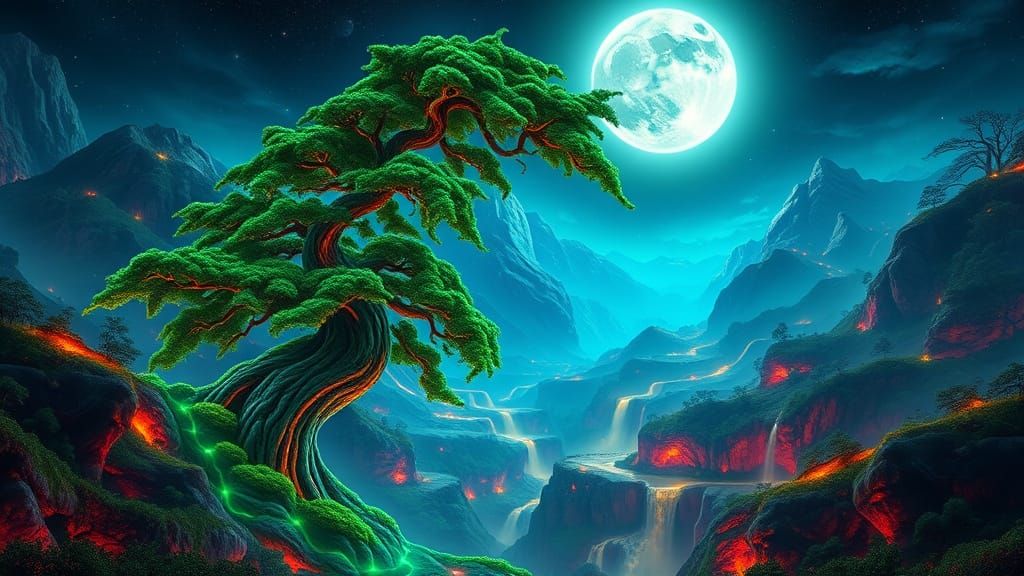 Spiraling Emerald Crystaline Tree Illuminated by Neon Moonli...