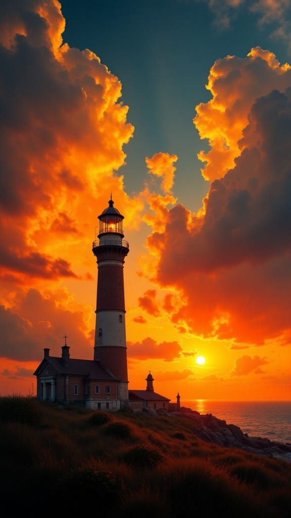 Lighthouse Sunset in Rembrandt Style