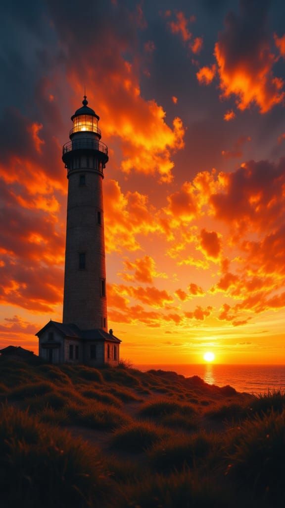 Lighthouse Sunset in the Style of Rembrandt