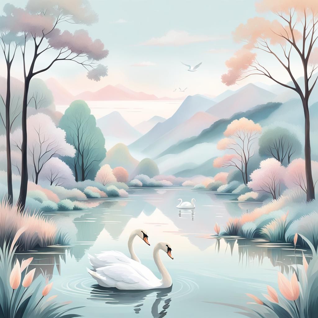 Dreamy Pastel Swans in Tranquil Landscape