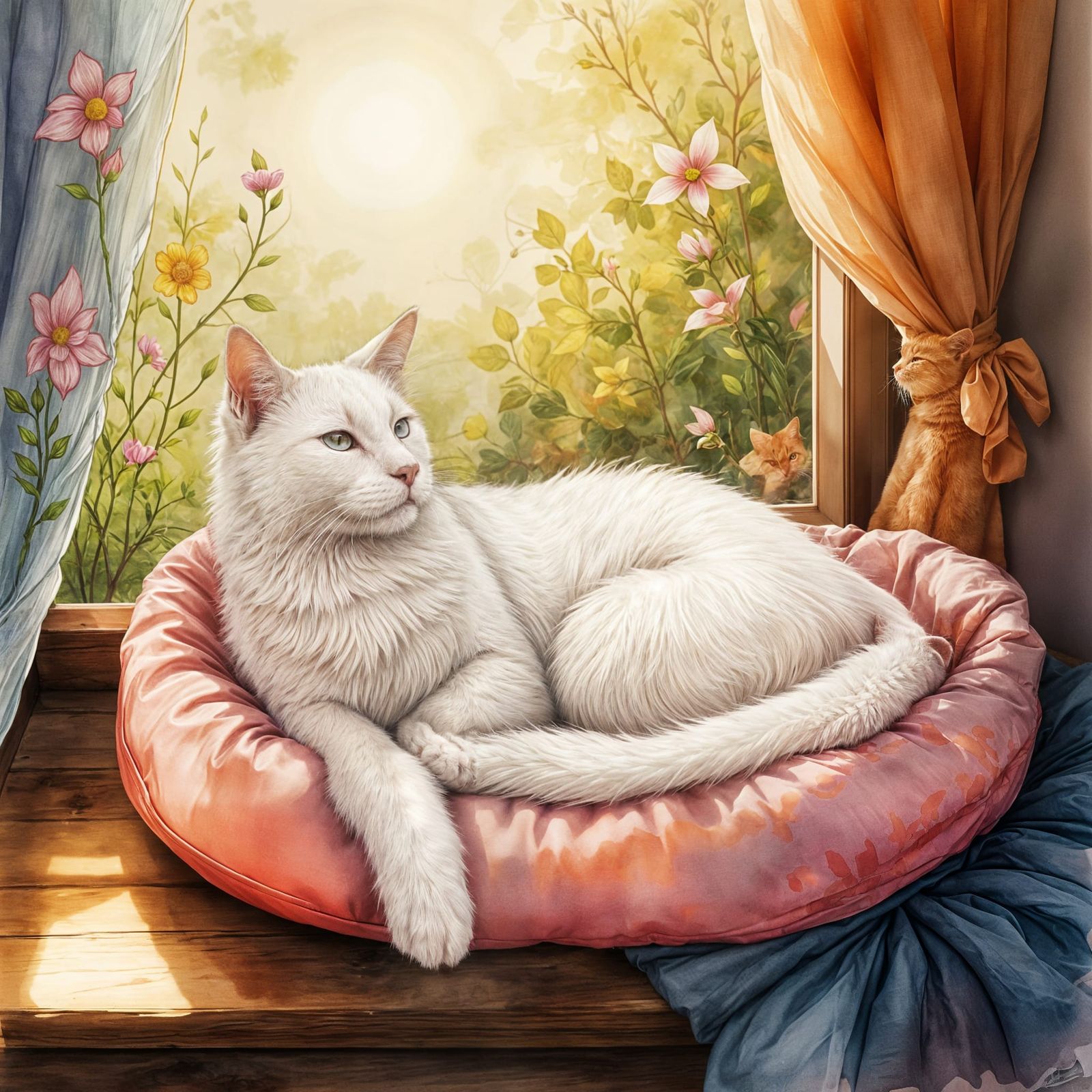 Serene White Cat in Sunlit Bedroom Oil Painting