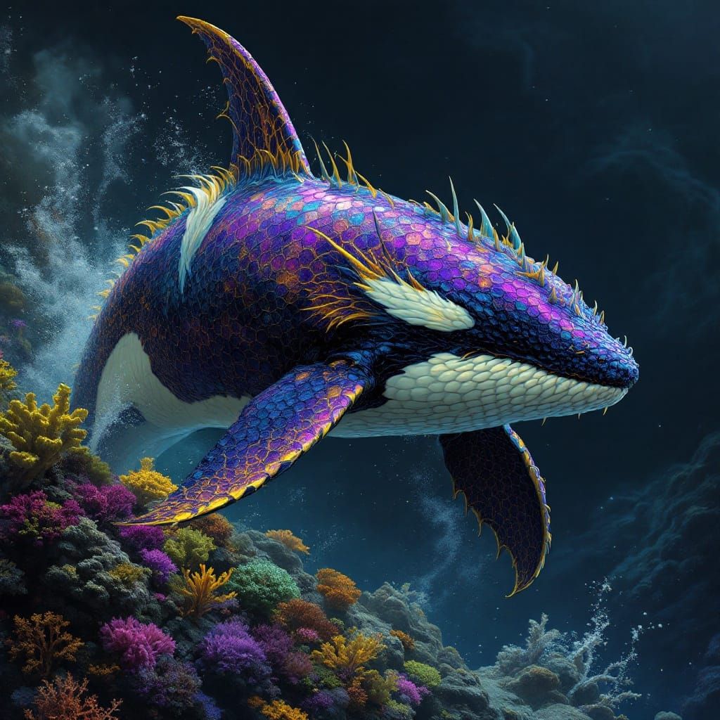 Ethereal Dragon-Orca Hybrid soars through a vibrant, coral-e...