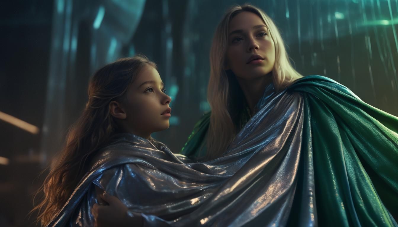 Futuristic Mother and Daughter in Silver Capes